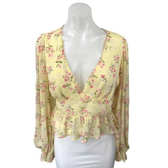 Lulus Womens Yellow Pink Floral Long Sleeve Deep V Neck Peplum Blouse Top Size M - Picture 1 of 4